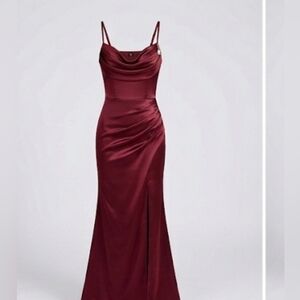 Strapless Burgundy Satin Evening Dress with Matching Shawl - Prom